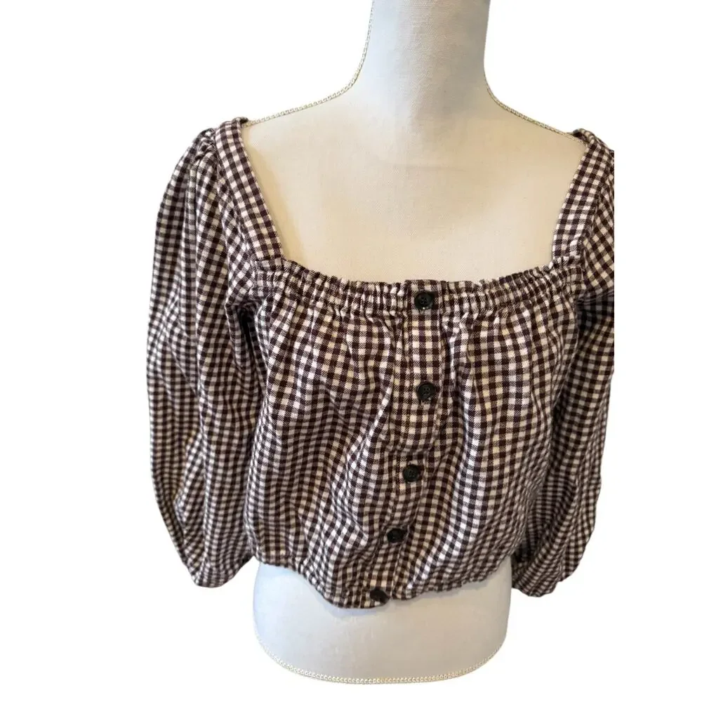 Madewell Puff Sleeve Cropped Flannel Top Chocolate Gingham Plaid M